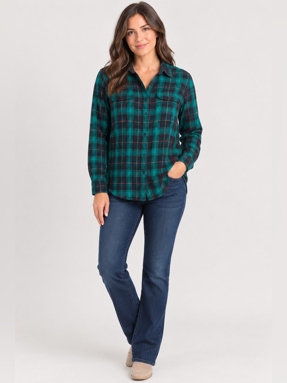 St. John's Bay Green and Red Plaid Shirt